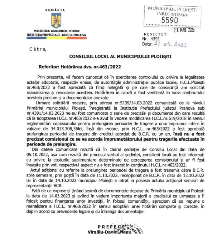 adresa Prefectura către Consiliul Local adresa Prefectura Prahova